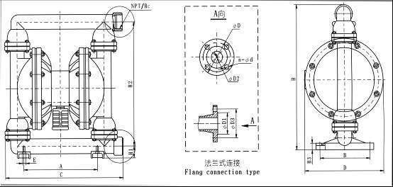 QBY铸铁气动隔膜泵安装尺寸图